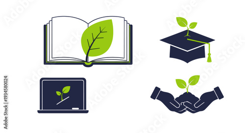 Education and nature are united in this art. Symbols of a sprouting plant growing from a book, graduation cap, laptop and hands 