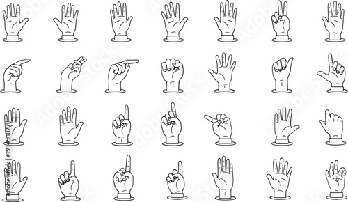 Black and white line of hands in various gestures sign language line black and white background