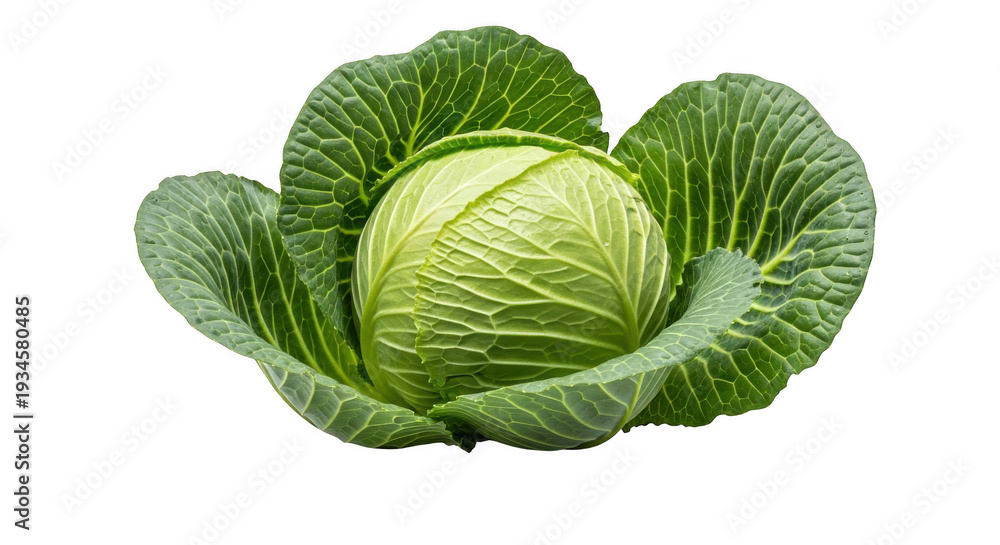 Fototapeta premium Fresh green cabbage head with large leaves isolated on transparent background