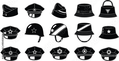Military and police hats vector set, uniform caps and helmets collection, law enforcement headwear silhouettes isolated on white background