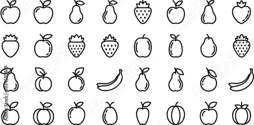 Black and white line of various fruits apple pear strawberry banana