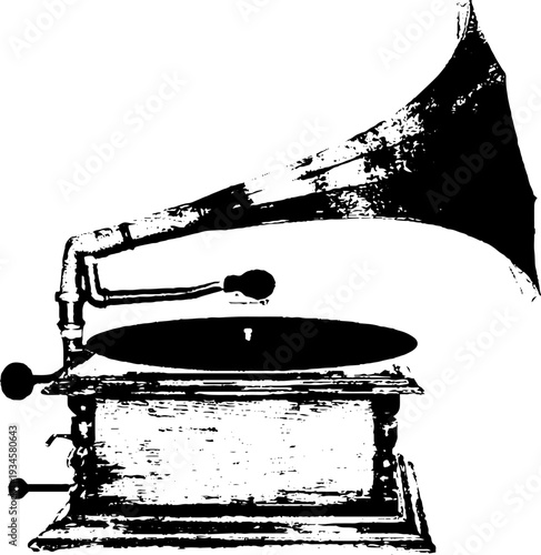 Vintage phonograph high contrast black and white ink illustration for retro decor