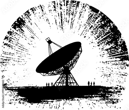 High contrast radar dish silhouette in black and white ink art