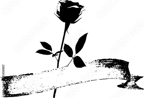 Romantic rose and banner high contrast ink art for card design