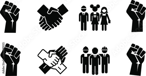 Icon bundle featuring diverse fists and people silhouettes for unity and teamwork concepts