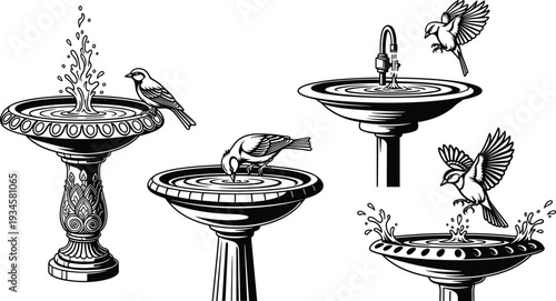 Black and white of birds interacting with ornate birdbaths fountain water