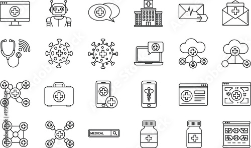 Set of outline icons for digital health, telemedicine, medical technology, hospital innovation, healthcare robotics, and online doctor consultation platforms and services vector.