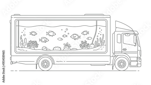 Aquatic Transport: A specialized truck transports a vibrant aquarium, filled with fish and underwater plants, signifying the delicate journey of marine life.