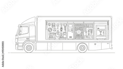 Mobile Service Unit: A meticulously detailed illustration showcasing a modern mobile service unit, highlighting its organized array of equipment for on-site assistance.
