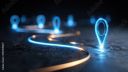 Futuristic Digital Map Markers on Dark Background with Glowing Pathway Technology Concepts for Navigation and Geolocation in Modern Applications