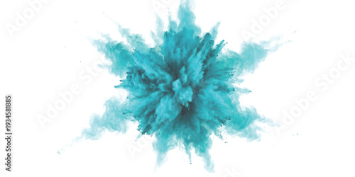 A dynamic and energetic burst of vibrant cyan powder exploding against a clean white background.