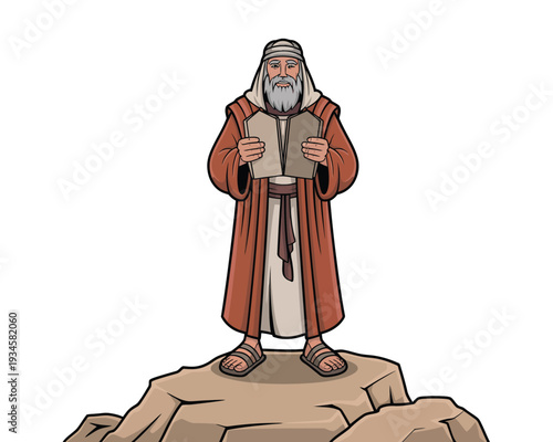 Prophet Moses stands on a rocky mountain holding two stone tablets, representing divine law.