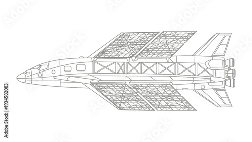 Spacecraft Blueprint: A detailed technical blueprint showcases a futuristic spacecraft, highlighting its intricate design and innovative solar panel array.