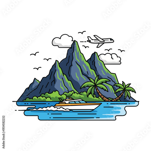 Tropical island getaway with palm trees and airplane, a serene Line art vector illustration of a mountainous paradise
