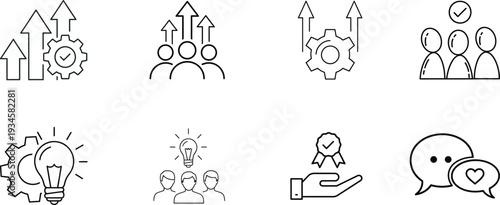 A collection of eight black and white line drawings representing business and teamwork concepts