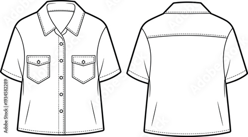 Short sleeve button-up shirt, technical flat sketch, flap pockets, collar stand, yoke back, topstitching details, fashion illustration, apparel template