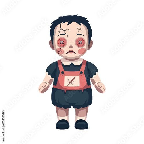 Creepy doll with bruises and cracked face, isolated on white background.