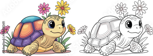 Cute Cartoon Tortoise in Garden with Colorful Flowers Coloring Page