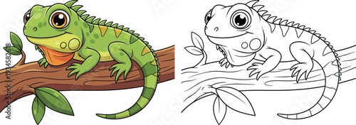 Cute Cartoon Green Iguana Lizard on Tree Branch Coloring Page