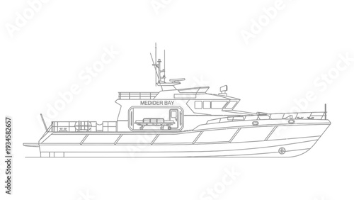 Coastal Sentinel: Detailed line art of a sturdy boat, ready to navigate coastal waters, conveying safety and precision.