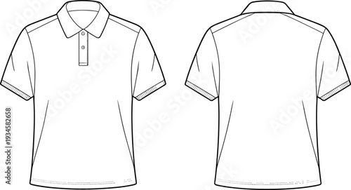 Short sleeve polo shirt sketch, front and back view, technical fashion drawing, garment design, apparel template, clothing illustration, flat art