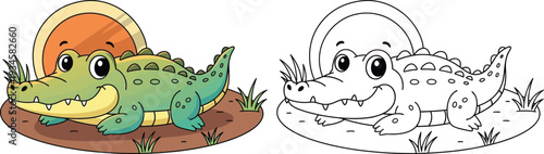 Cute Cartoon Alligator or Crocodile Lounging with Sun Coloring Page