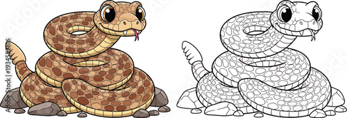 Cute Cartoon Rattlesnake Coiled on Rocks Coloring Page