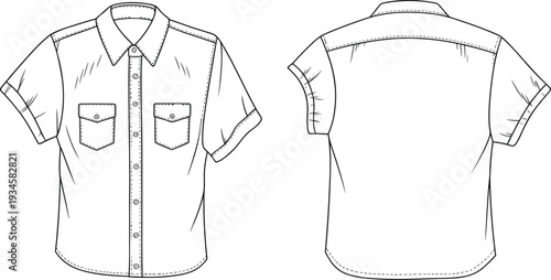 Short-sleeve shirt sketch, men’s fashion illustration, button-up design, pointed collar, chest pockets, folded cuffs, curved hem, garment cad drawing, vector style