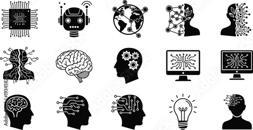 Artificial intelligence icons set, neural network brain symbols, robot technology, machine learning head, circuit chip, creative idea bulb, vector illustration