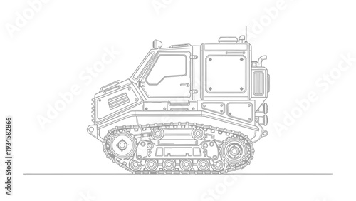 Robust Vehicle Silhouette: A precise monochrome outline showcases a rugged, tracked vehicle, hinting at its powerful functionality and adaptability.
