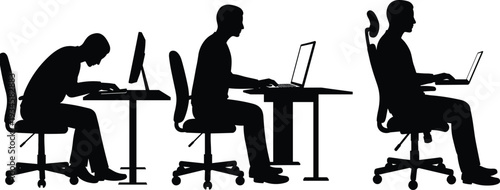 Silhouette office worker computer posture sequence, ergonomic sitting positions, workplace health, remote work, productivity, business technology scene