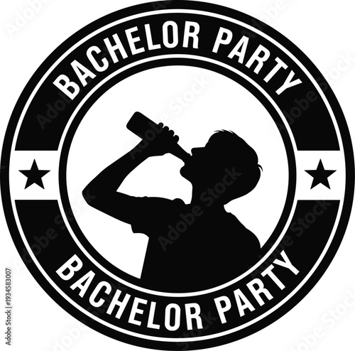 Black silhouette bachelor party with man drinking black and white circular stars
