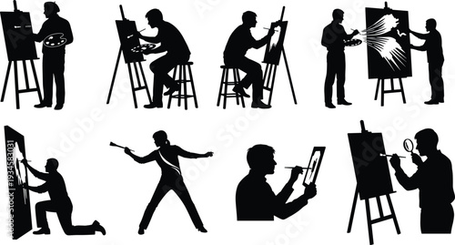 Silhouette artists painting and drawing on canvas, various creative poses, art studio, easel, brush, palette