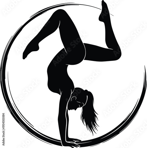 Black silhouette of woman doing handstand in circle