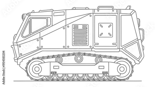 Armored Vehicle: A sleek, modern armored vehicle, ideal for traversing tough terrains and carrying out missions in difficult conditions, meticulously outlined in a minimalist aesthetic.