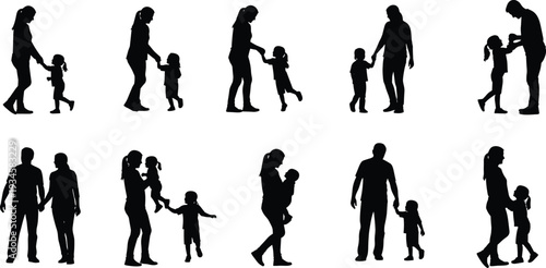 Black silhouettes of adults and children holding hands walking white background