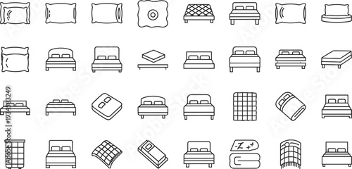 Bed and Pillow Line Icons Set, Mattress Blanket Bedroom Furniture Collection, Minimal Outline Style, vector illustration