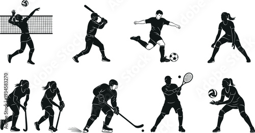 Silhouette athletes playing volleyball, soccer, baseball, tennis, hockey, sports action poses, fitness training, competitive games, teamwork, exercise