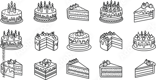 Birthday cake and dessert slice line icon set, bakery pastry celebration symbols collection, vector illustration