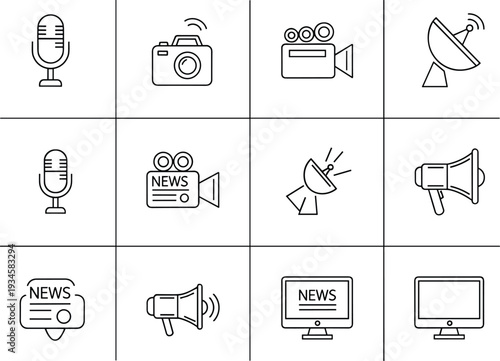 Broadcasting And Media Line Icons Set, News, Camera And Communication Symbols Collection, vector illustration