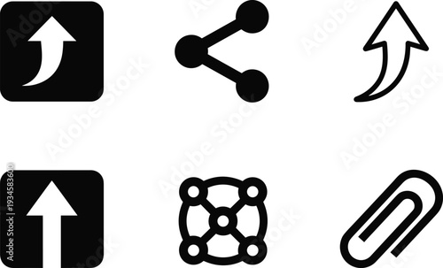 Black share icons set, upload arrow symbols, paperclip attachment graphic, network connection signs, social media link elements, digital interface vector