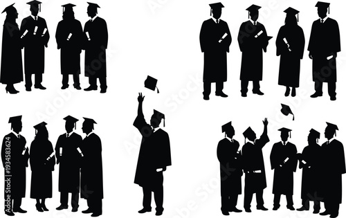 Black silhouettes of people wearing graduation caps and gowns graduates