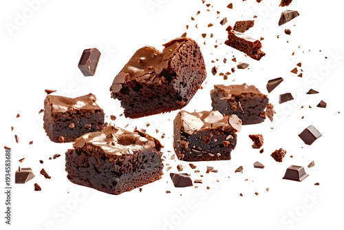 Levitating brownie cubes with broken chocolate in a dynamic composition