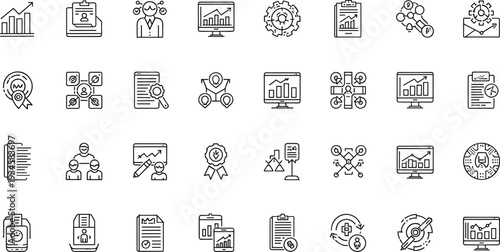 Business management and analytics line icon set, corporate strategy planning performance symbols, vector illustration