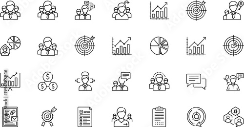 Business Strategy, Marketing Analytics, Teamwork and Financial Growth Line Icons Set, vector illustration