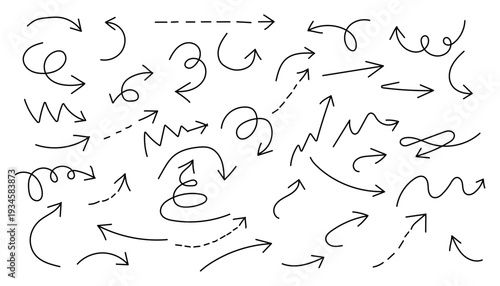 Doodle arrow collection with curved, Loop and swirl directional lines, hand drawn black arrows sketch vector isolated on transparent background