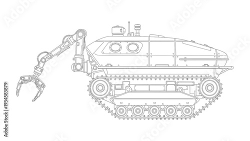 Robotic Crawler: A detailed illustration of a futuristic robotic crawler featuring an articulated arm and a robust tracked chassis, symbolizing advanced engineering and industrial innovation.
