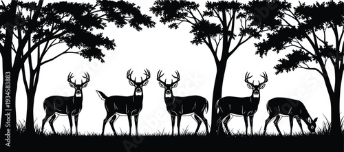 Black silhouette of deer herd with majestic antlers in a forest landscape with trees and grass, nature vector illustration,