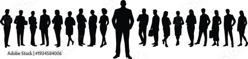 Silhouette business team standing, central leader figure, corporate hierarchy concept, black vector icons, cad drawing flat vector illustration