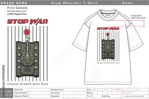 Stop War Motivational T-shirt Design with Print Details